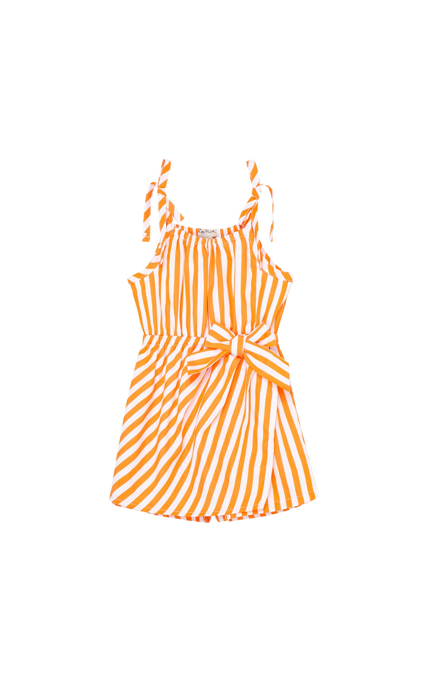 ORANGE AND WHITE STRIPED SLEEVELESS MOCK WRAP  ROMPER WITH BOW
