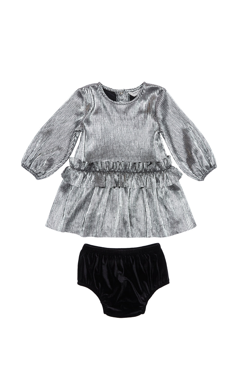 Metallic silver pleated long-sleeve dress with ruffle waist and black panty cover. 