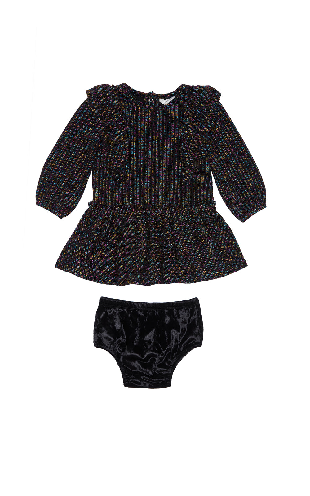 Black long-sleeve dress with multi-colored metallic stripes and ruffle-trim shoulders and solid black panty cover. 