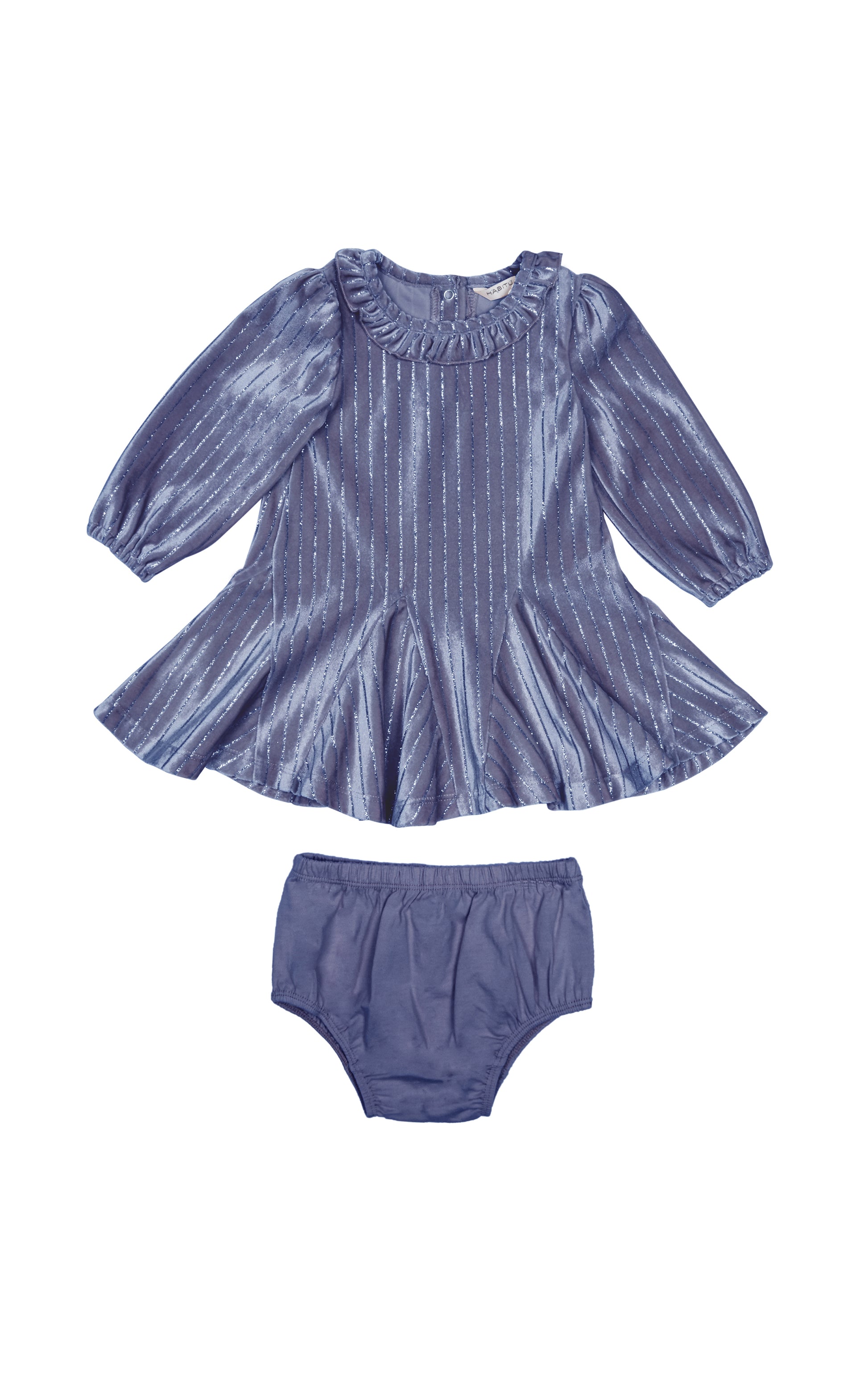 Gray long-sleeve swing dress with metallic stripes and solid-color panty cover.