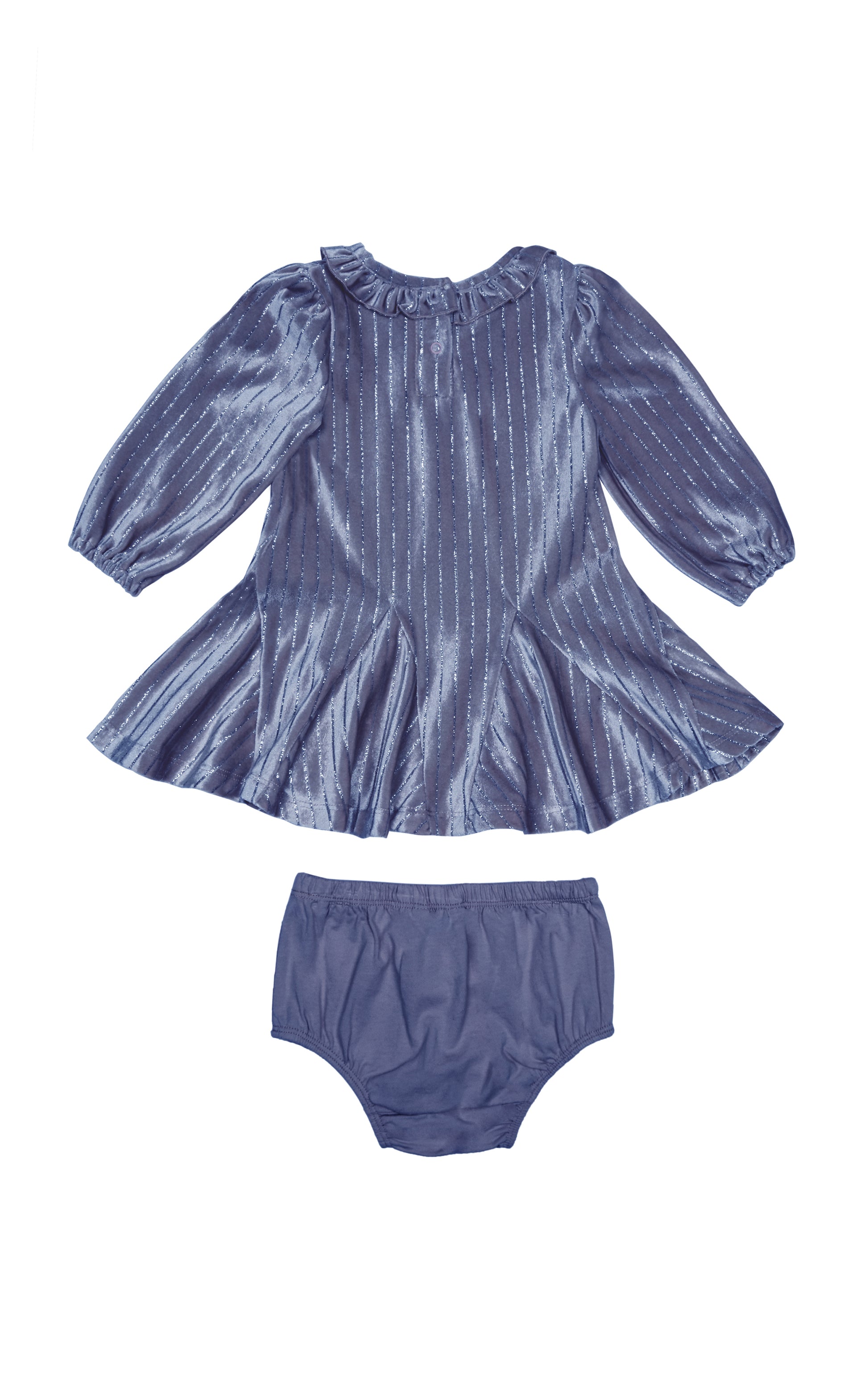 Back view of gray long-sleeve swing dress with metallic stripes and solid-color panty cover.