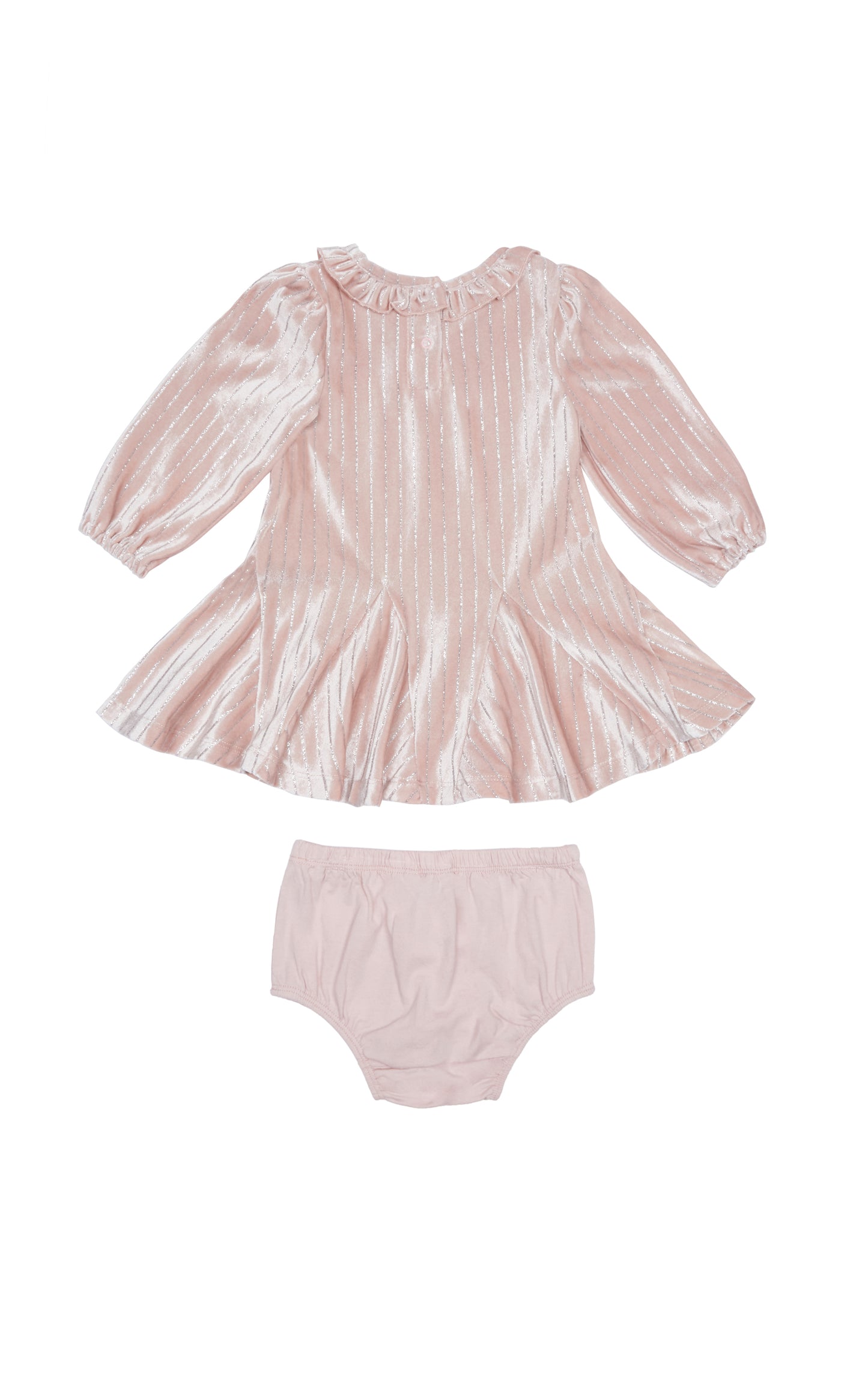 Back view of pink long-sleeve swing dress with metallic stripes and solid-color panty cover.