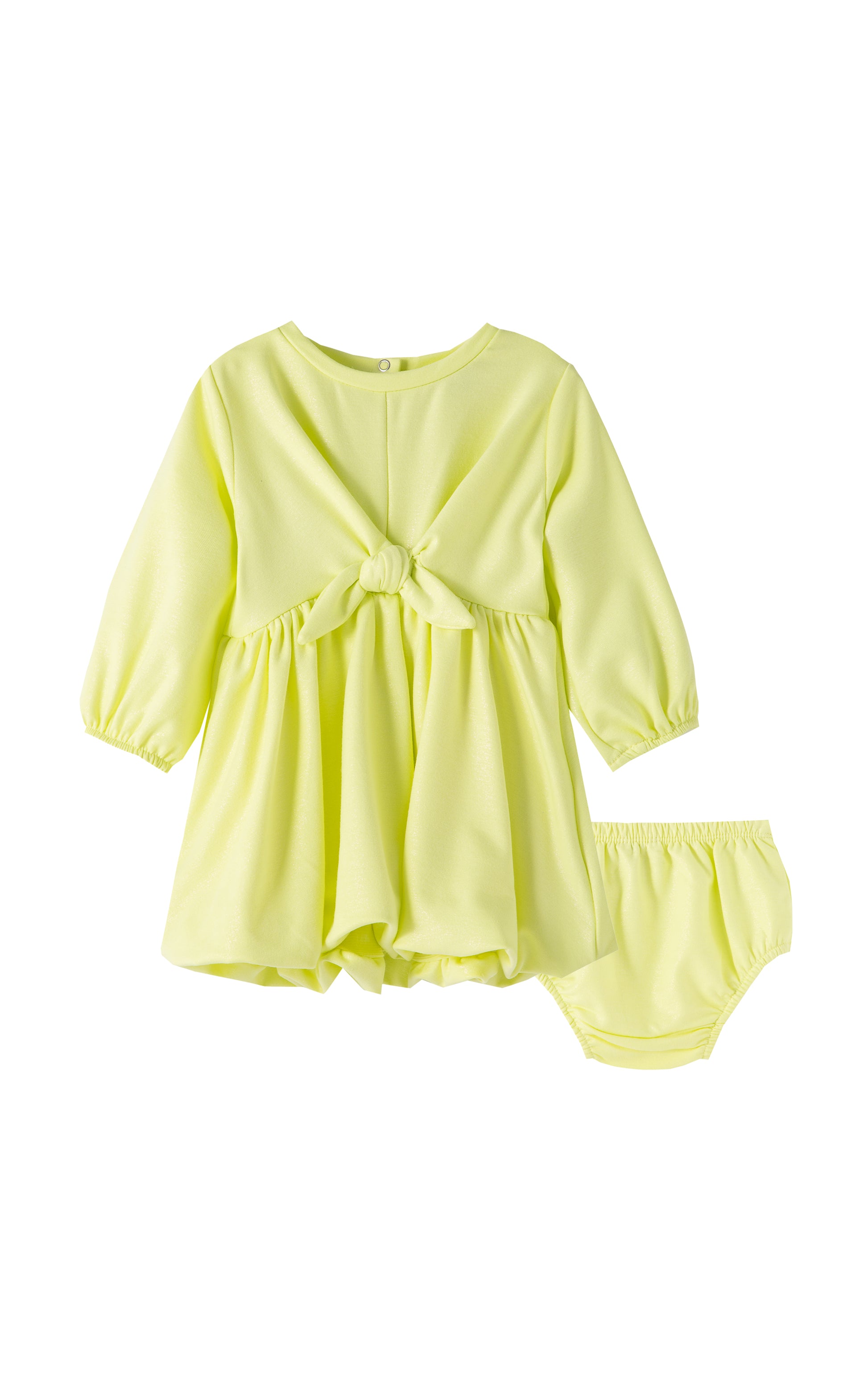 METALLIC LIME GREEN BUBBLE DRESS WITH BOW AND MATCHING BLOOMERS