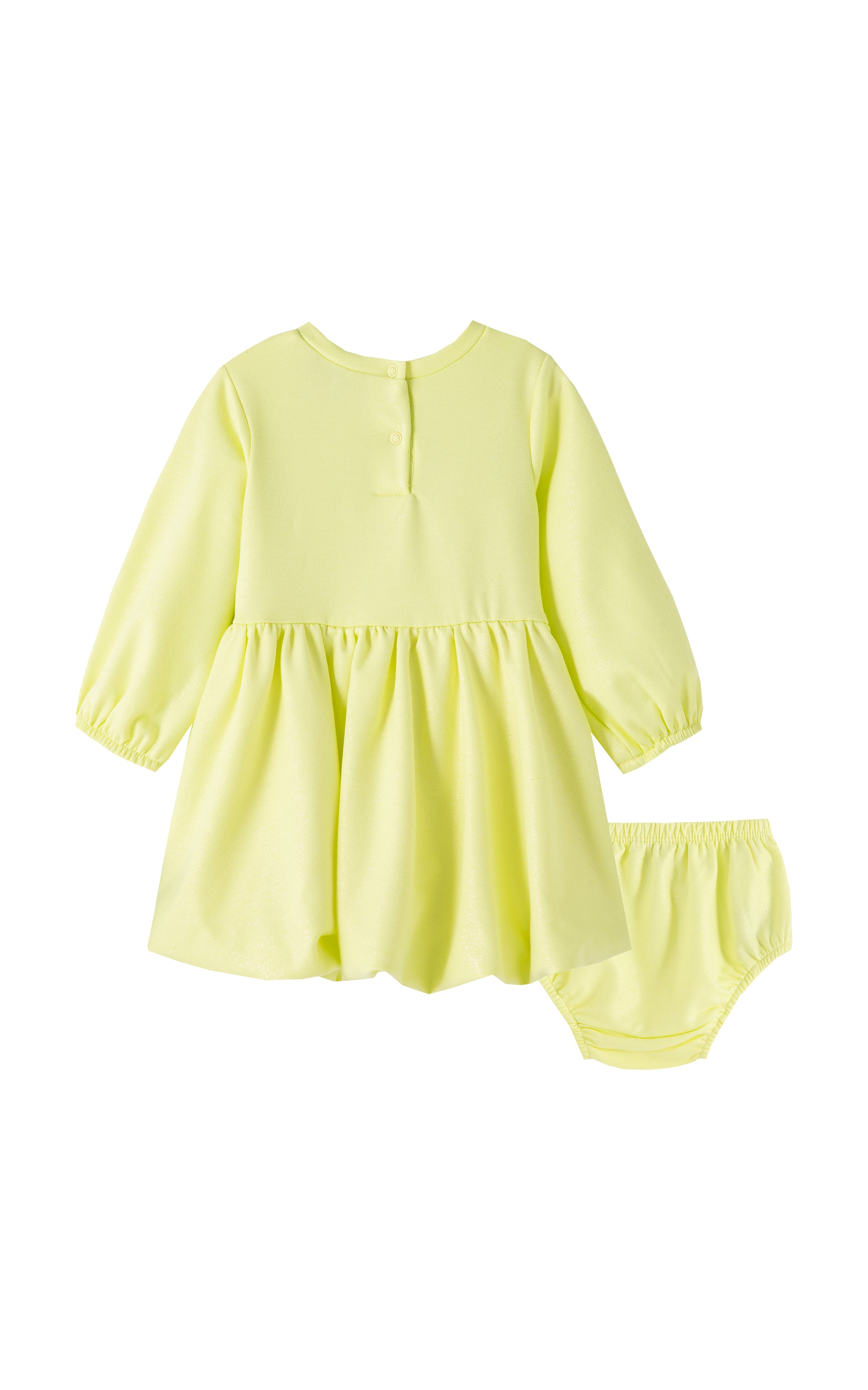 BACK OF METALLIC LIME GREEN BUBBLE DRESS WITH BOW AND MATCHING BLOOMERS