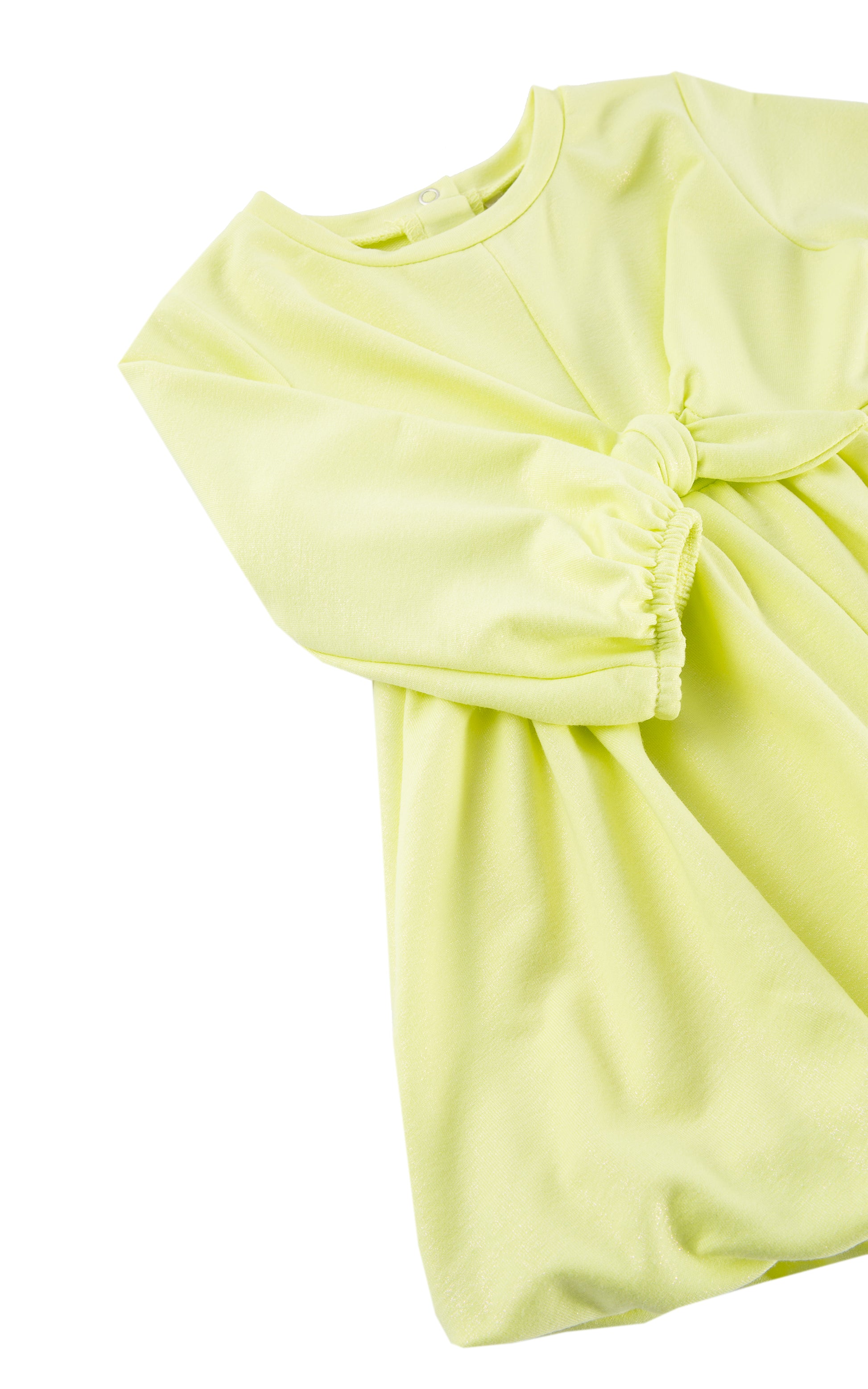 CLOSE UP OF  METALLIC LIME GREEN BUBBLE DRESS WITH BOW 