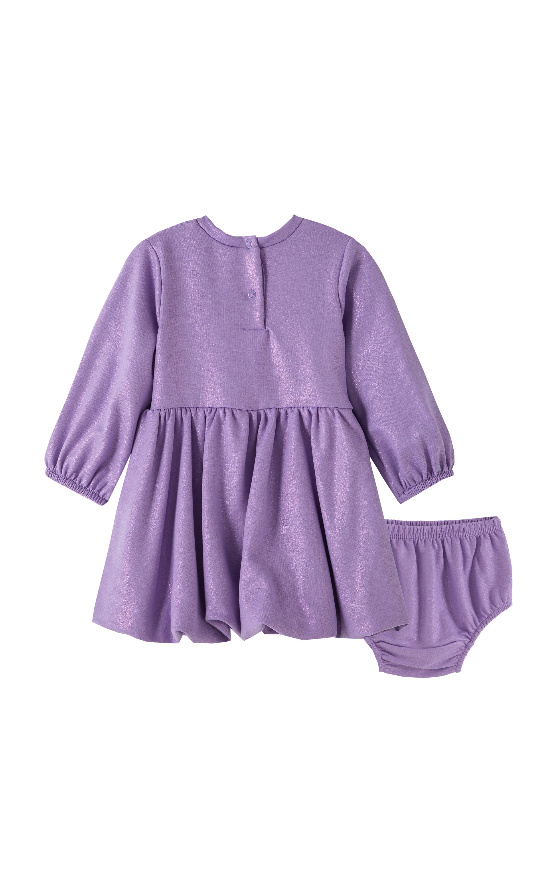 BACK OF METALLIC PURPLE BUBBLE DRESS WITH BOW AND MATCHING BLOOMERS