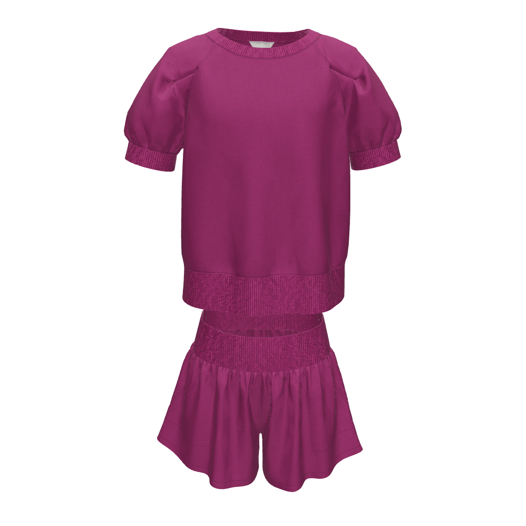 3D VIEW OF DEEP MAGENTA FRENCH TERRY SHORT SLEEVE SWEATSHIRT TOP AND SWEAT SHOTS BOTTOM ATHLEISURE SET