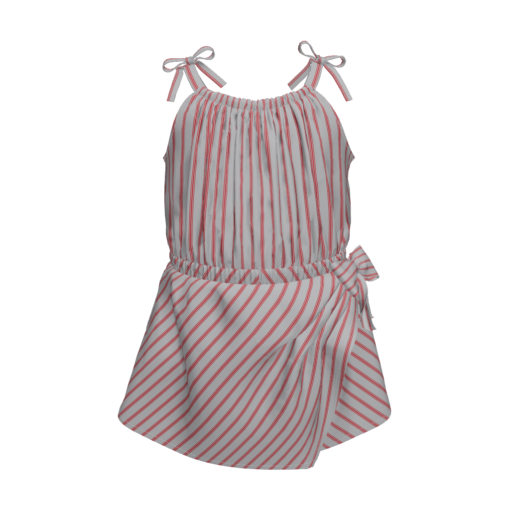 3D VIEW OF ORANGE AND WHITE STRIPED SLEEVELESS MOCK WRAP  ROMPER WITH BOW