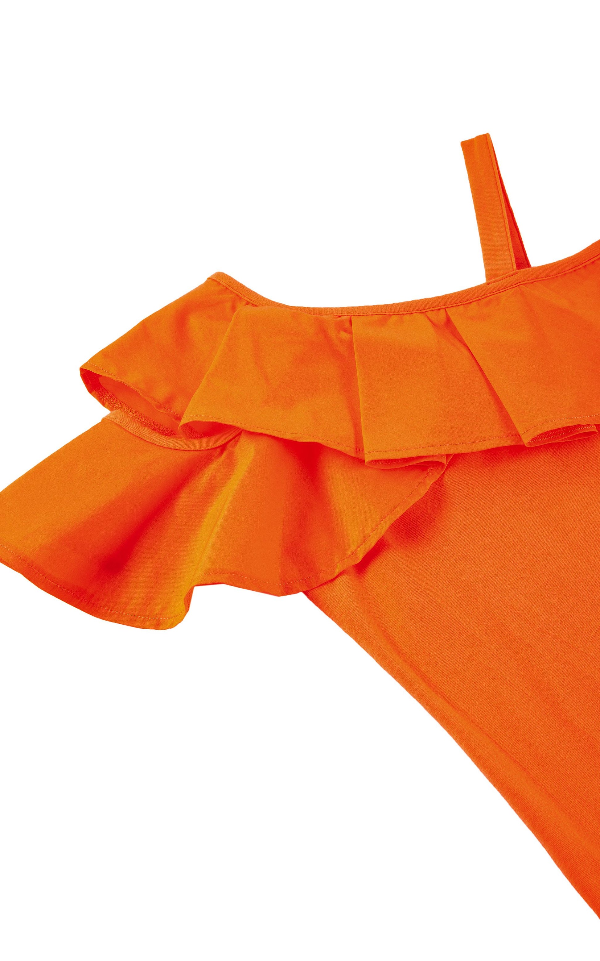 CLOSE UP OF ORANGE ASYMMETRICAL OFF THE SHOULDER RUFFLE TOP